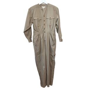 Vintage 80s Caren Sport Coveralls Jumpsuit khaki Tan Long Sleeve Button Down 10